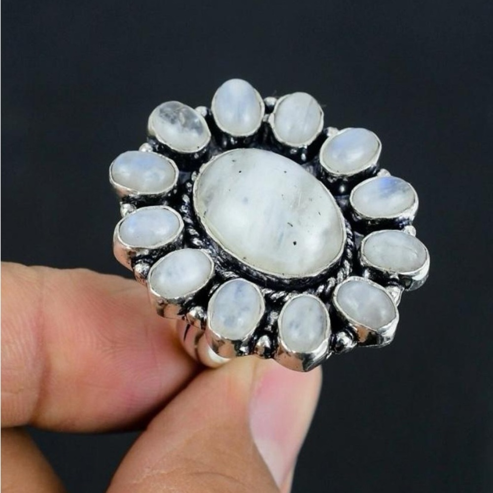 Size 11 Moonstone Cluster Gemstone 925 Sterling Silver Overlay Ring